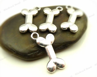 6 Dog Bone Charms ( Double Sided ) 22x11mm Antique Silver Tone Metal - BE8
