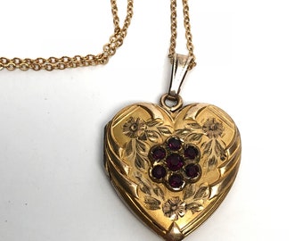 Heart Locket Necklace, Purple stones, Gold Filled
