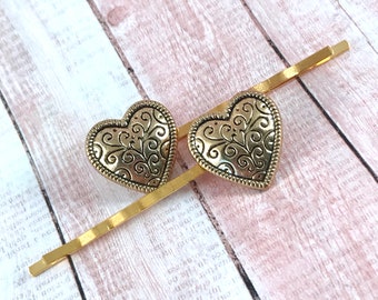 Heart Hair Pins, Gold Heart Bobby Pins, Valentine's Day Hair Pins, Gold Bobby Pins, Button Bobby Pins, Matching Hair Pin Set