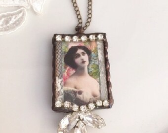 Soldered Jewelry Pendant, assemblage necklace, altered art necklace, Stained Glass pendant, ooak pendant