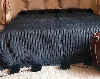 Moroccan blanket , pom pom,cotton 100% , MadeinAtlas,handmade, black design