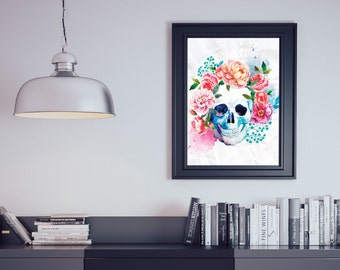 Skull with Flowers Watercolour Dia de los Muertos Wall Art Print