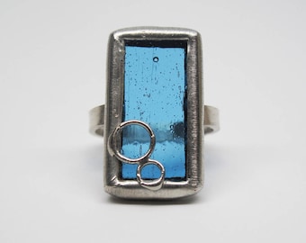 Blue Ice - Sterling Silver Stained Glass Ring - Size 8