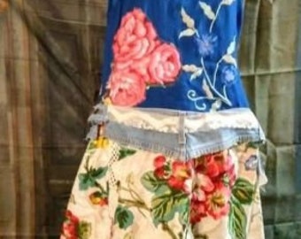 tudy" Tunic Upcycled sz18 patchwork appliques handwork embroidered asym cotton pocket designer Art