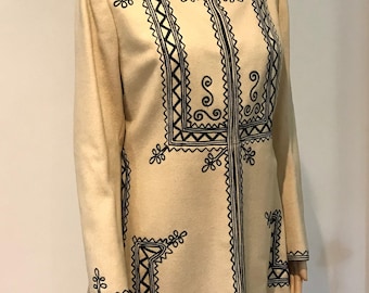 Boho Chic Bulgarian Folk 100% Wool Beige Coat with Black Embroidery Size 10-12
