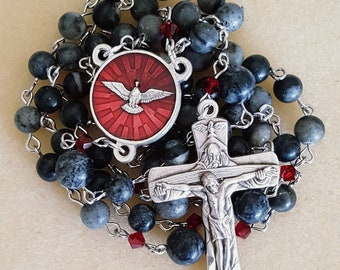 Network Agate and Red Swarovski Crystal Gifts of the Holy Spirit Rosary