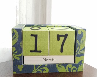 Perpetual Wooden Block Calendar - Lucky Me - Shamrock Print - Great Gift for Dad