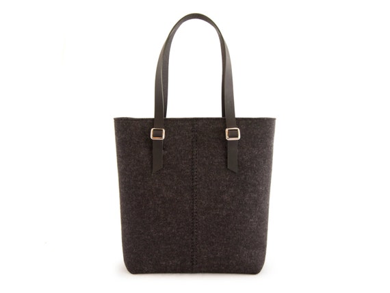 Felt TOTE BAG / leather straps / charcoal / black / felt women's bag / wool felt / made in Italy
