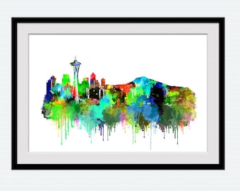 Seattle water color poster, Seattle skyline print, colorful poster for gift, home decoration, office decor, wall hanging, living room, W121
