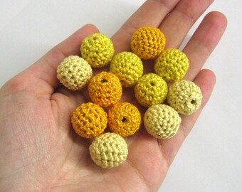 Crocheted beads 16 mm - round handmade beads in yellow, 12 pc
