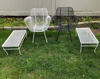 Vintage Mid Century Saltarini Woodard Sculptura Wrought Iron Wire Mesh Outdoor Lounge Patio Chairs Tables Set