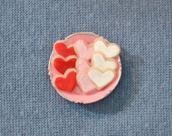 Dollhouse Miniature Food - One Inch Scale Iced Valentine Cookies - Hearts - On Plate - Removable