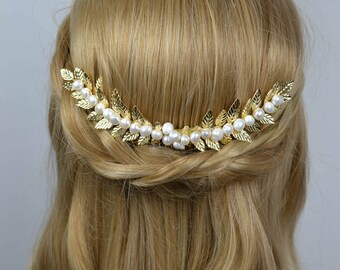 Bridal Comb Golden Laurel Leaf Freshwaterpearls