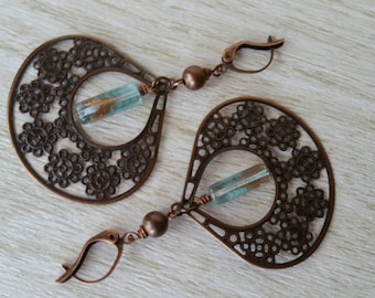 Copper and Blue Glass Dangling Earrings