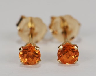 Mandarin Garnet Earrings~14 KT Yellow Gold~3mm Round Cut~Genuine Natural Mined