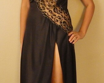 ON SALE!!! Sexy SLINKY Nylon Black Nightgown with Lace Cutouts - S