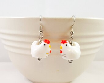 White Ceramic Chicken and Antiqued Silver Dangle Drop Earrings, Rooster Earrings, Farm Animal Earrings, Animal Earrings, Bird Earrings