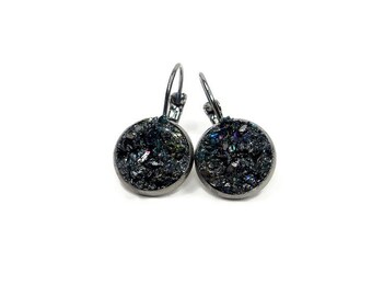 Carborundum Crater Earrings Lever Back Black Gunmetal Tone Earrings