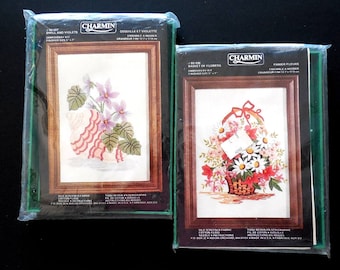 Vintage Charmin Crewel Embroidery Kits with Frames (2), NOS Flower Embroidery, Vintage Needlework