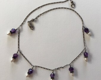 Vintage Amethyst and Pearl Beaded Oxidized 925 Sterling Silver Chain Necklace