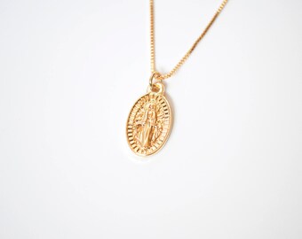 Tiny Virgin Mary Gold Medallion Necklace