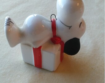 Vintage 1960's Snoopy on Christmas Present Porcelain Hand Painted Ornament