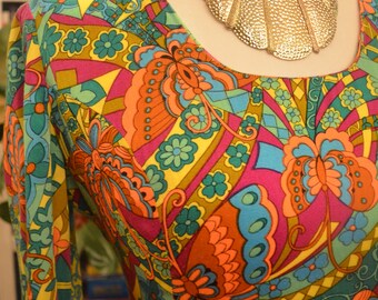 Vintage 1970s floral butterfly long sleeve empire waist maxi dress S small psychedelic op art