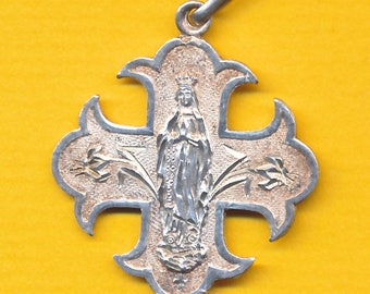 Antique french sterling silver religious medal Our Lady of Lourdes - flowers (ref 1119)
