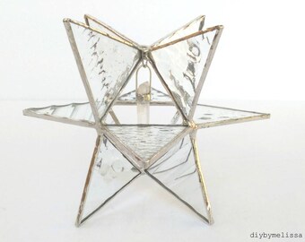 Stained Glass Moravian Star, 12 Pointed Star, Multi-textured Stained Glass Star, Clear Quartz Crystal Pendant, 3D Stained Glass