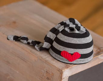 Newborn Boy Hat, Upcycled Newborn Hat, Newborn Knot Hat, Black and Gray Striped Hat Red Heart, Newborn Photo Props Newborn Boy Props Hats