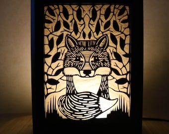 Handmade Papercut Baby Fox Woodland Forest Nursery Playroom Silhouette Lightbox Nightlight Accent Lamp