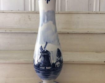 Delfts Blauw Hand Painted Wind Mill & Sail Boat Porcelain Vase Made in Holland