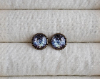 Space earrings, Dark blue universe earrings, Galaxy stud earrings, Space jewelry, Starry universe post earrings, Glass dome earrings UJ 088