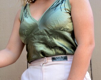 90s green silky beaded tank v neckline size XS S