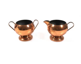 Copper Sugar and Creamer Set by Rosemar, Vintage Copper Sugar Bowl & Copper Cream Pitcher, Rustic Kitchen Decor