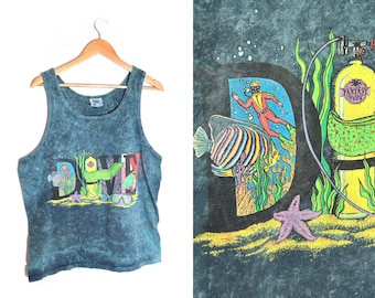 90s Diving Tank Top XL Tie Dye Neon Graphics Tropical Coral Reef Goggles Vacation Beach