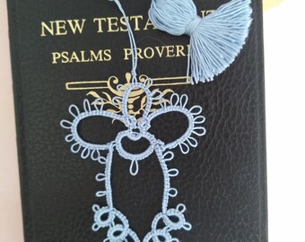 SKY Blue Angel Tatted Lace Bookmark with Tassel Handmade Tatting