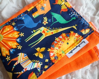 Baby burp cloth - safari on bright orange hand dyed burp cloth