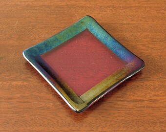 Pink Fused Glass Dish with Shimmering Rainbow Border - Pink Glass Dish