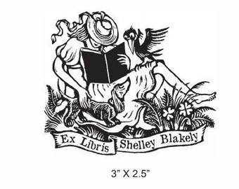 Girl Reading with Dacshund and Crow Personalized Ex Libris Library Stamp Rubber Stamp D27