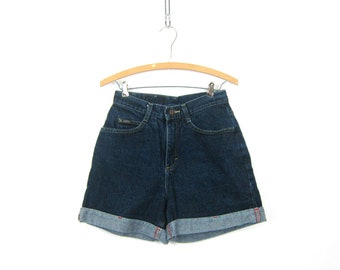 90s Dark Blue Jean Shorts High Waist Denim Vintage MOM Shorts Lightwash Roll Up Cuff Summer Shorts Womens Size 8 27 inch waist Small