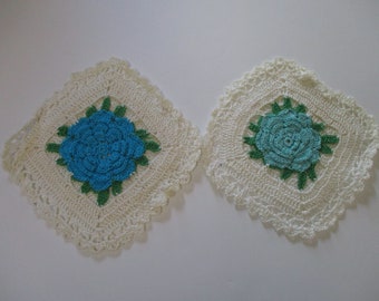 Vintage Crochet Roses Pot Holders-Set of 2-Aqua