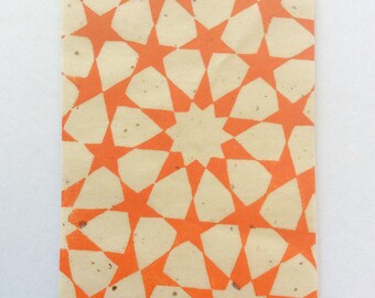 mini linocut - STARS // 3x5 art print // printmaking // block print // tessellation // geometric // original // orange // miniature, small