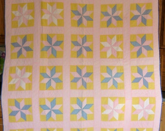 Antique LeMoyne Star Quilt, Pink, Blue, and Cheddar, Handstitched Quilt with Solid Fabrics, Vintage Quilt