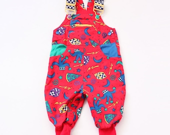 Vintage red overalls gymboree overalls 80s eighties 90s nineties style plastic playsuit colorful infant baby joker jester dice magic numbers