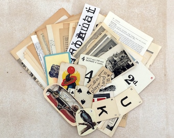Black and white 60 vintage ephemera pack. Art collage pack. Text and illustrated pages, book pages, game pieces.