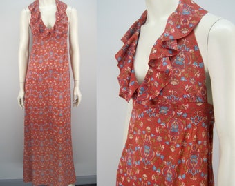 Vintage 70s halter maxi dress, genie print dress