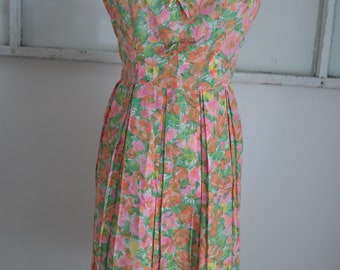 Vintage 1950s Pink / Orange / Green Floral Day Dress