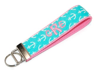 Aqua Mint Anchor Monogrammed Keychain - Custom Embroidered Initial 3 Letter or Name Key fob - Pink Monogram