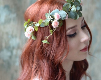 Boho flower crown, eucalyptus crown, blush pink floral crown, wedding headpiece, circlet, bridal hair wreath, rose crown, hair accessories